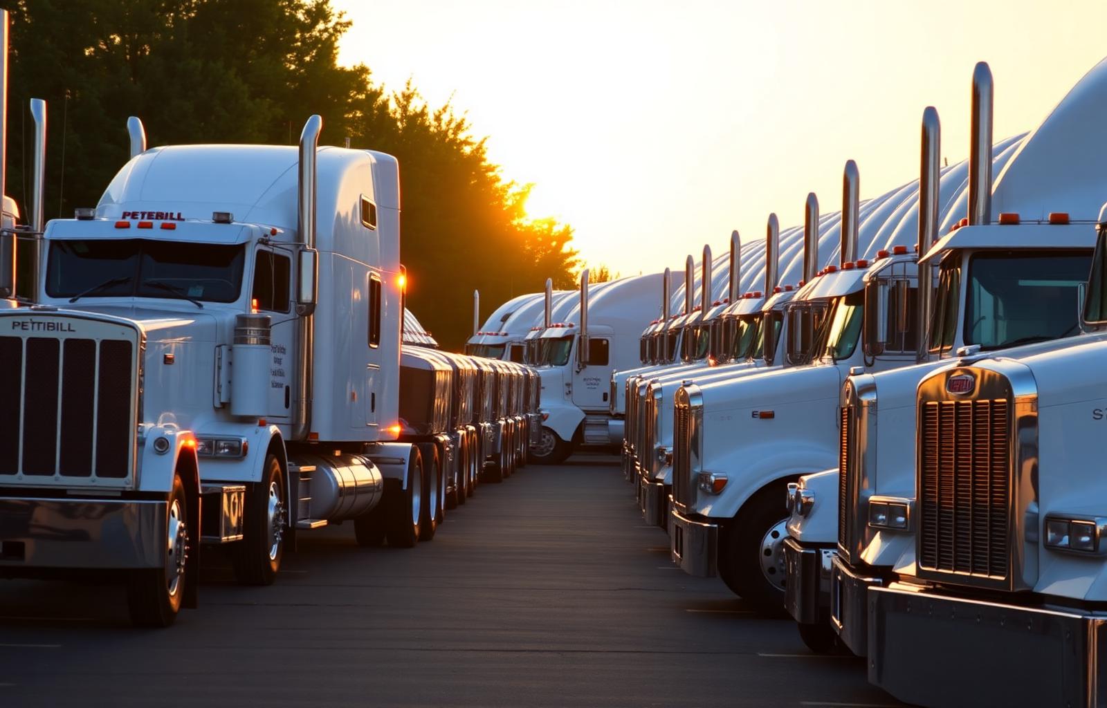 Row of semi-trucks parked at a freight terminal at sunrise