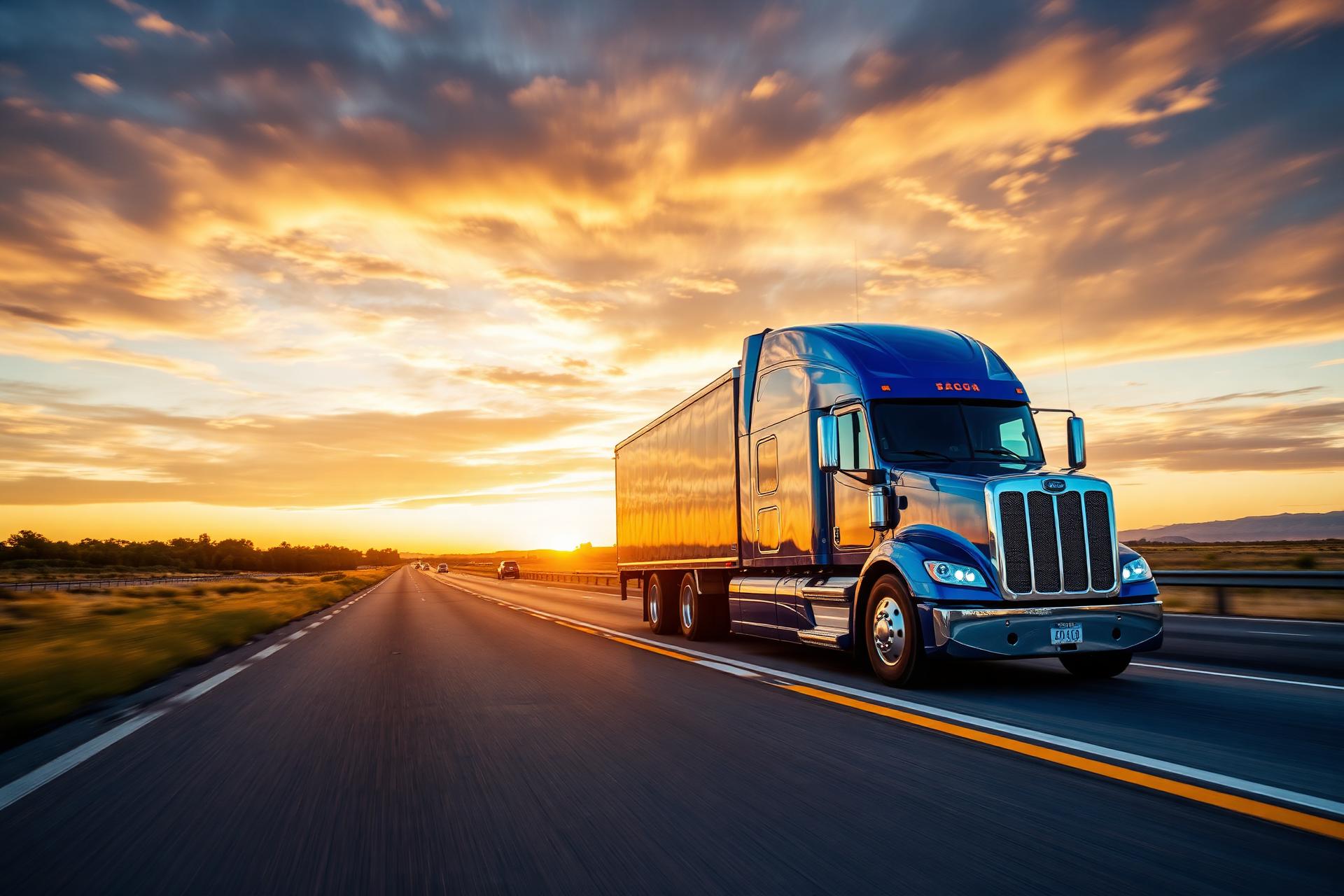 Blue semi-truck on a US highway at sunset